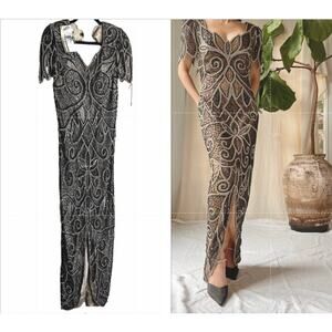 Tan-Chho Dress Women Medium Black Beaded Gown Dress Galla Event Party VTG